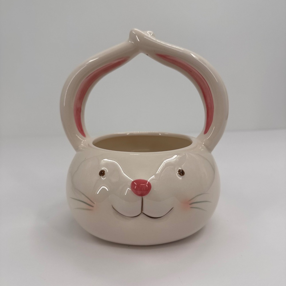 Blooming Blooms Ceramic Easter Bunny Basket Figural Rabbit Candy Dish White Pink